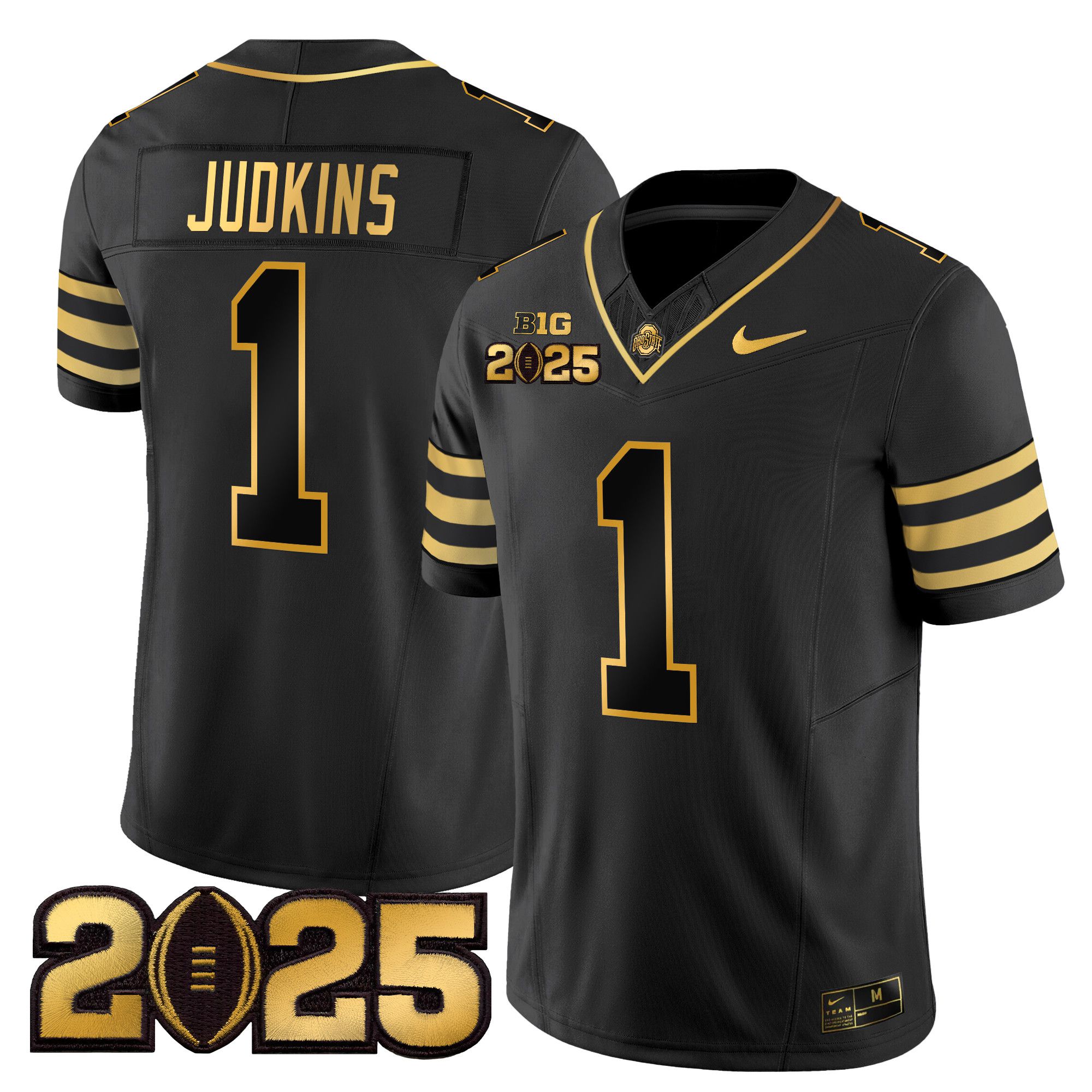 Men Ohio State Buckeyes 1 Judkins Black 2025 CFP Final Patch Gold Vapor Limited NCAA Jersey style 1
